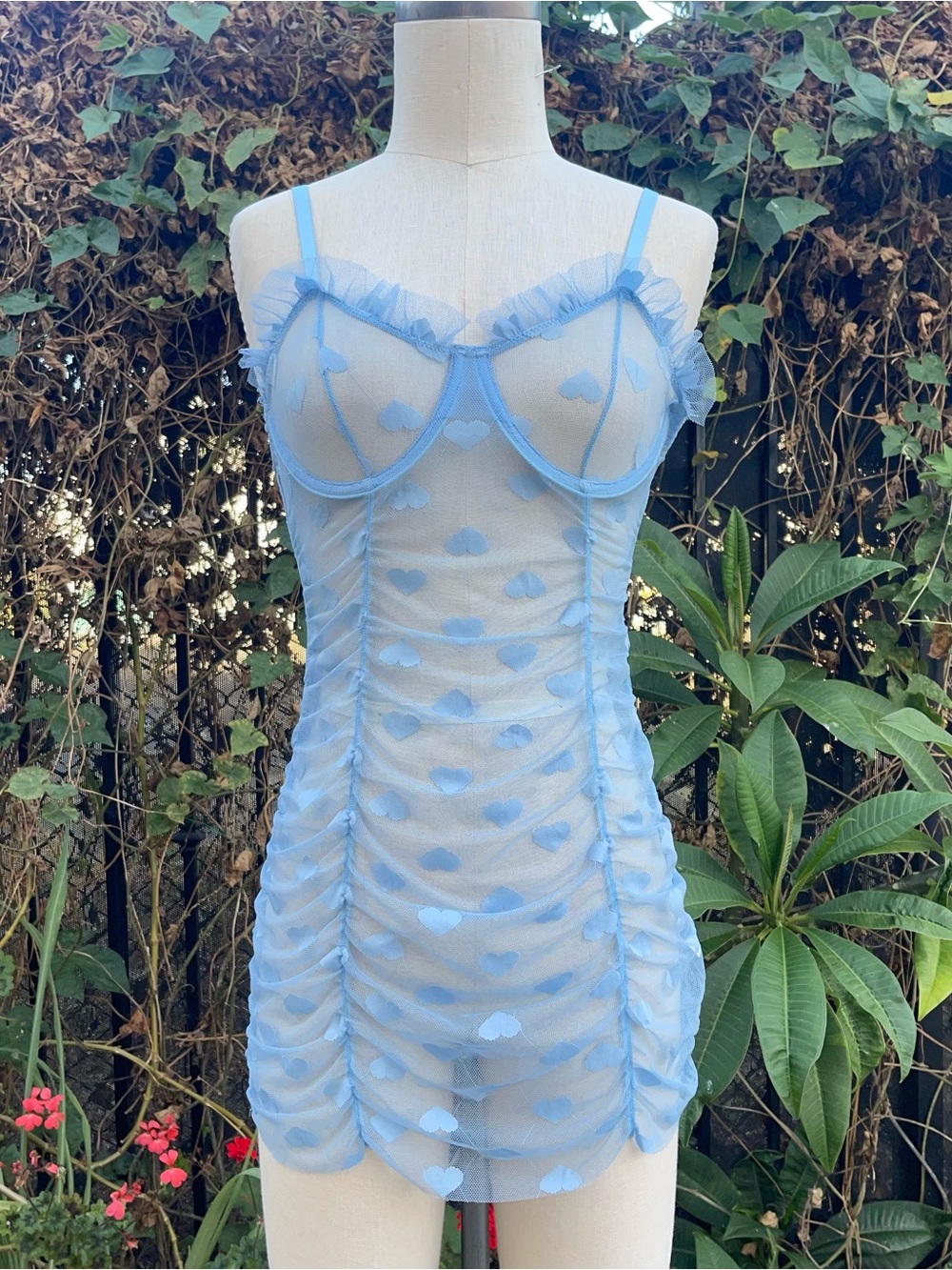 Women’s Mesh Hearts Powder Blue Lingerie Bodycon Dress Sz Small NWOT